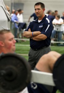 Scott Shirley looks on during Penn State's 9th annual Lift for Life held in Holuba Hall. Players form teams of four to compete in the 11 station event. The event is sponsored by Uplifting Athletes with all proceeds from the day going to kidney cancer research. Shirley founded Uplifting Athletes when he was a student at Penn State. 